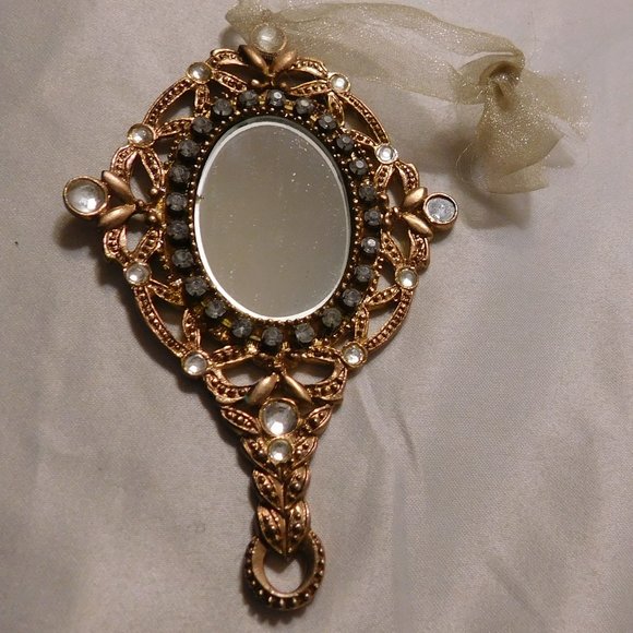 Vintage Gold Tone Small Hand Mirror with Rhinestones - Picture 4 of 8
